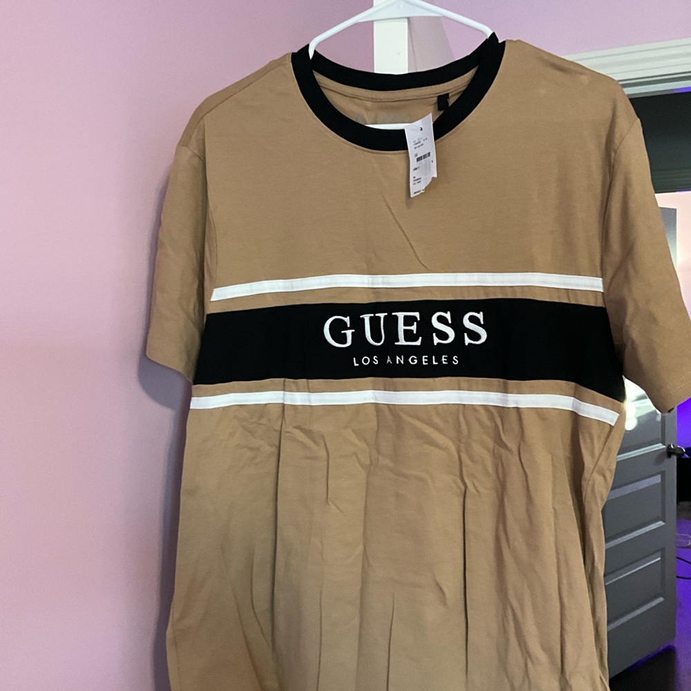 Guess Tan and Black Logo Crew